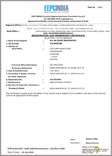 EEPC INDIA MEMBERSHIP CERTIFICATE - NK Dairy Equipments